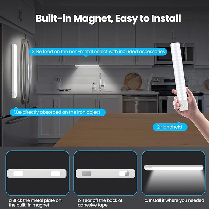 80LEDs Under Cabinet Light 2 Pack,Motion Sensor Led Light Indoor,USB C Rechargeable Closet Under Counter Lighting,12.6inch Battery Powered Operated Night Light for Kitchen,Wardrobe,Cupboard