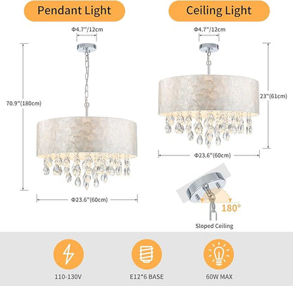 6-Lights Drum Capiz Shell Crystal Chandeliers, Coastal Style Pendant Light Fixture for Dining Room, Living Room, D24 x H23~71 inch(Adjustable), Shell Lampshade & Chrome Finish