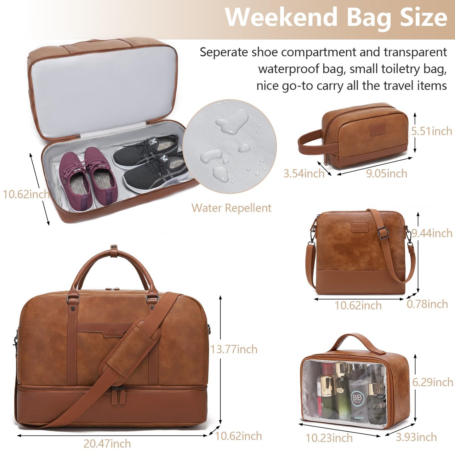 Wogarl Weekender Bag for Women: 4PCS Faux Leather Large Overnight Travel Duffel with Shoe Compartment & Toiletry Satchel Bags Carry On Duffle Fit 21" Laptop (Light Brown)
