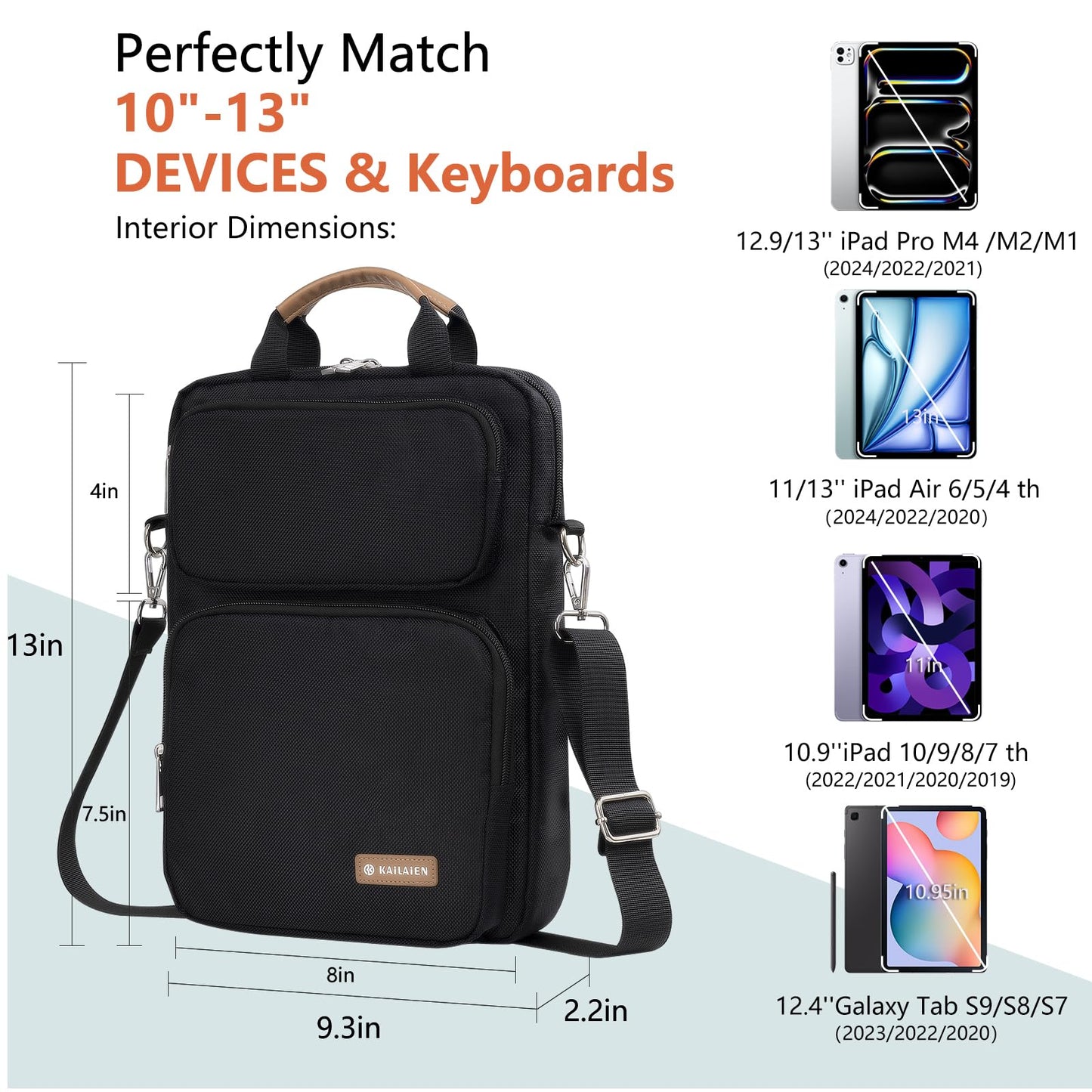 Kailaien 10-13 Inch Tablet Sleeve Bag, Ipad Bag for 13 In/11 in New iPad Pro M4 & 13 in Air M2 2024,iPad Pro 12.9 M2&M1,Ipad 10.9,Galaxy Tab S8+/S9+ 12.4,with Removable Shoulder Strap(Black)