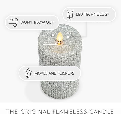Luminara Brilliant Silver Glitter Ribbed Flameless LED Candle Moving Flame Pillar, Real Wax, Flat Top, Timer (3.25" x 6.5")