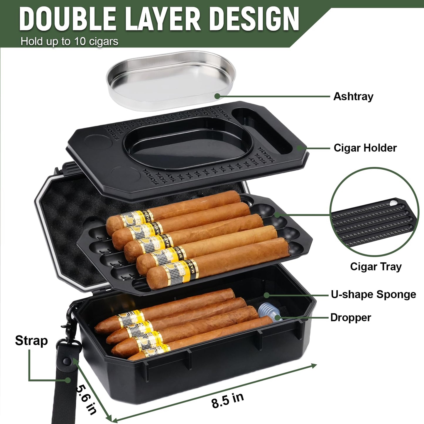 Bald Eagle Travel Cigar Case, Humidor Box with Ash Tray, Portable Case with Humidifier Hygrometer, Highly Airtight, Hold 10 Cigars