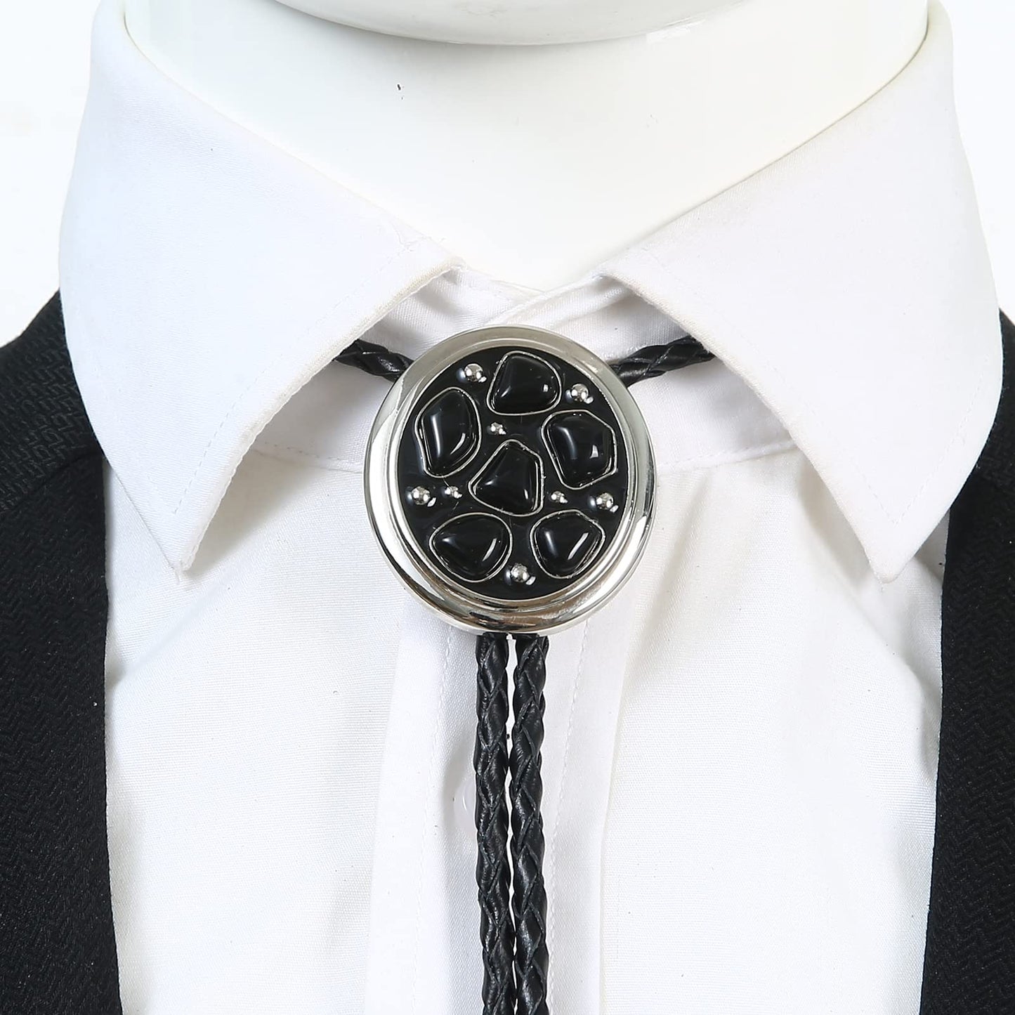 Btilasif Bolo Ties Western Cowboy with Black Agate Stone Leather Necktie Bola Tie for Men Women
