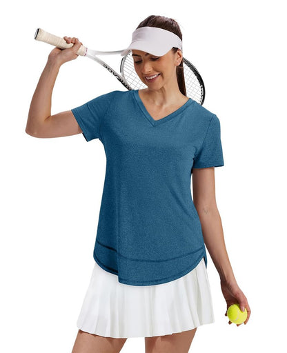 Short Sleeve Shirts for Women Workout Pilates Outfits Tennis Summer Tops 2026 Beach Vacation Clothes V Neck Blue Green M