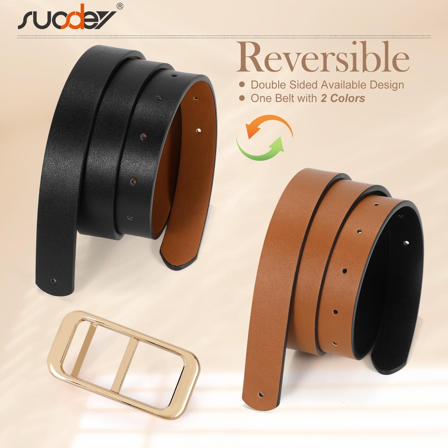 SUOSDEY Women Reversible Leather Belts for Jeans Pants Dresses Ladies Fashion Belts with Gold Buckle,Width 0.9"