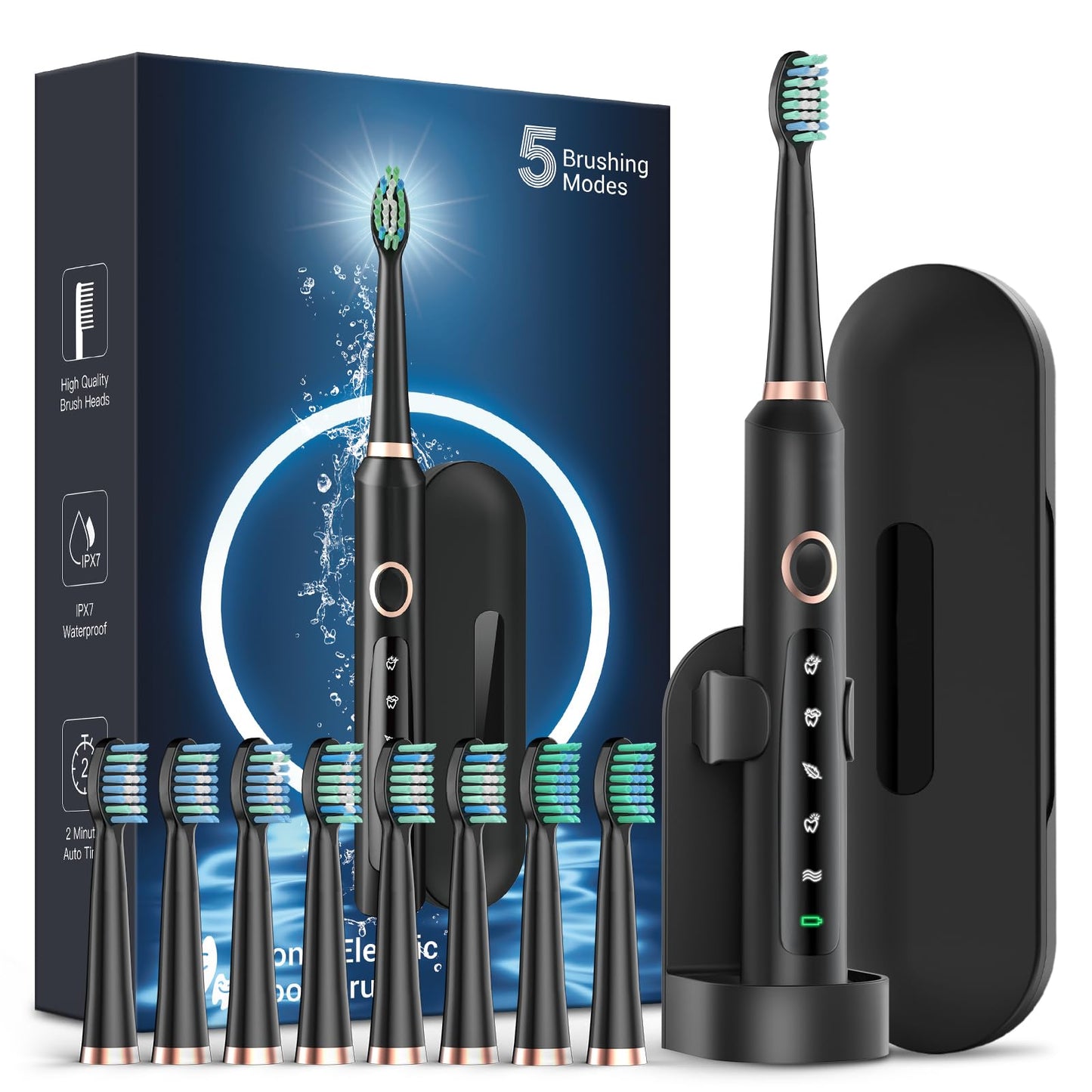 Rtauys M5 Sonic Electric Toothbrush for Adults and Kids - Rechargeable Electric Toothbrush Kids Ages 12+ and Adults with 8 Brush Heads & Travel Case, 120 Days Battery Life - Pink