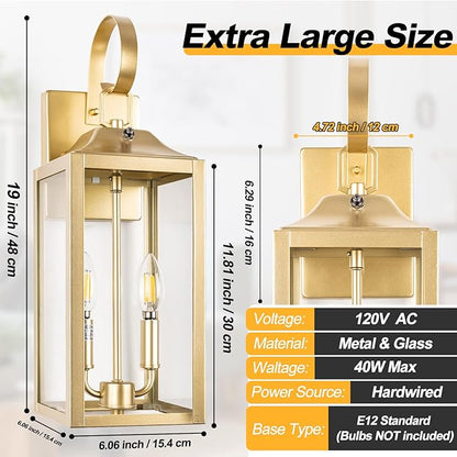 Gold Dusk to Dawn Outdoor Wall Lantern 2-Light, 19" Large Modern Wall Sconce Light Fixture, Industrial Porch Light, Waterproof Farmhouse Exterior Lamp Lighting