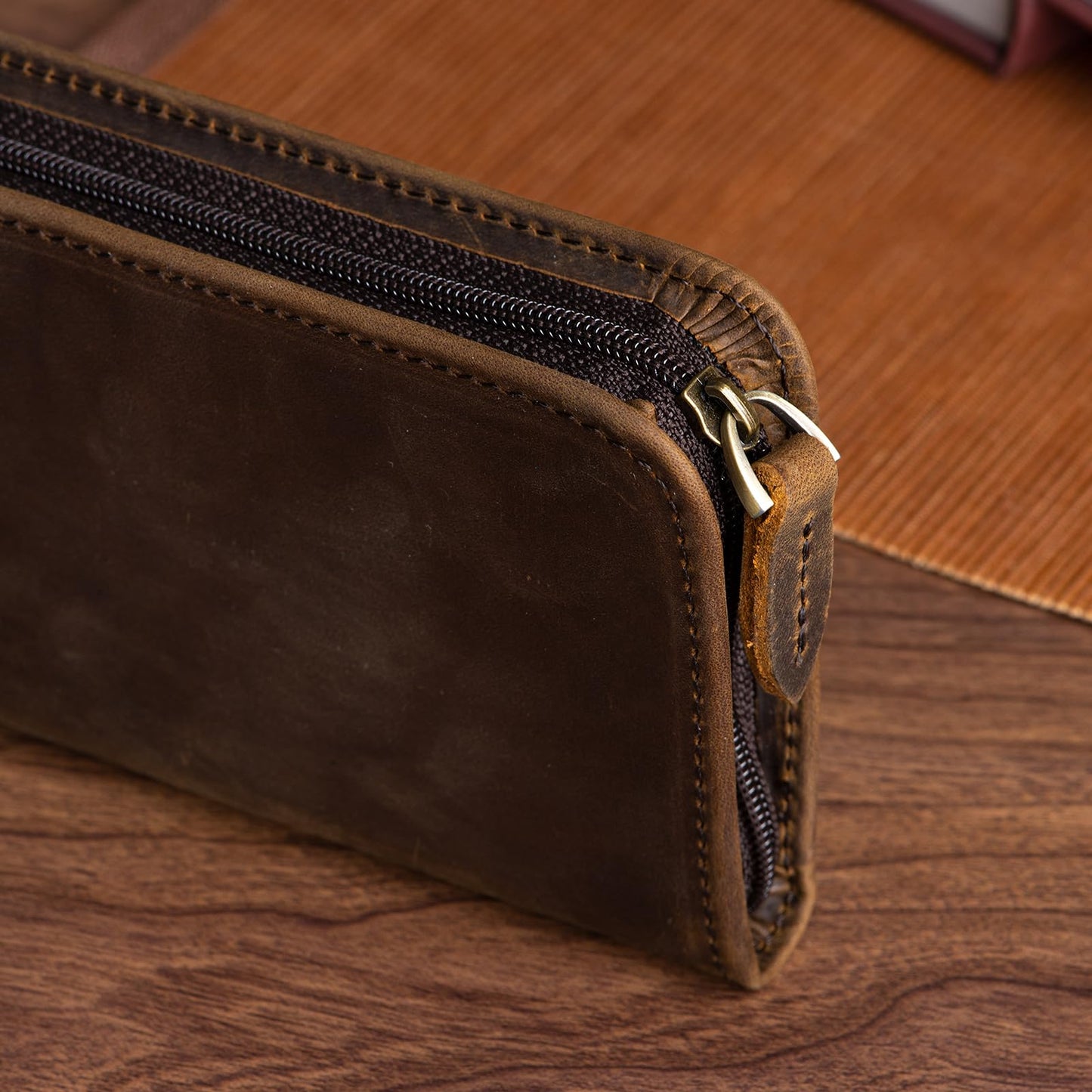 Asvine Fountain Pen Case 3 Divided Slots Crazy Horse Leather Pen Holder, Handmade Display Zippered Pouch for Rollerball Pen-Retro