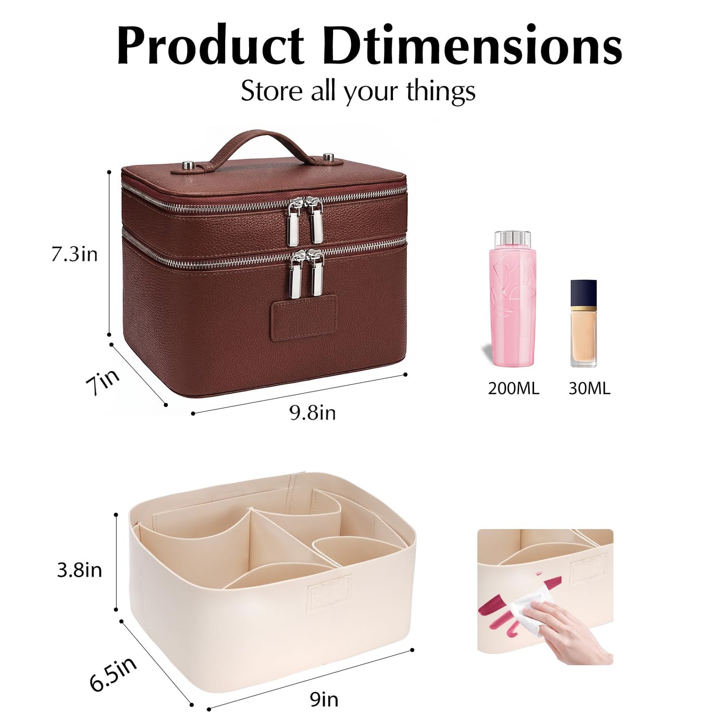 idoltimes Makeup Case, Large Capacity Leather Makeup Bag for Women,Large Capacity Waterproof Double Leather Cosmetic Case,Removable Compartment Travel Organizer