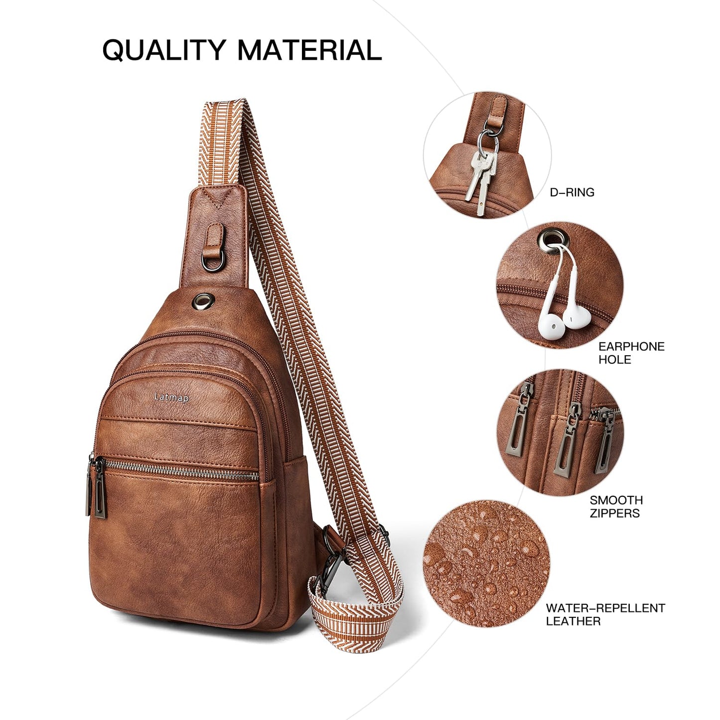 LATMAP 7L Sling Bag For Women Faux Leather Anti Theft Small Casual Daypack Backpack Fanny Pack Crossbody Chest Bags Purse Waterproof Brown