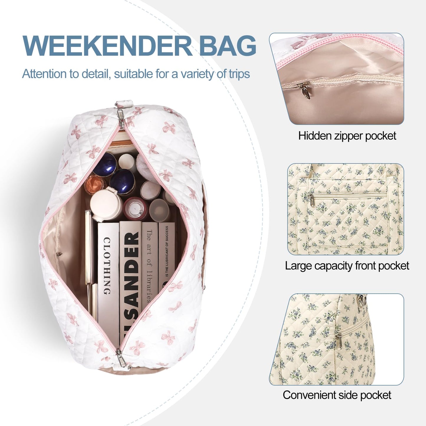 Gym Bag for Women, Cute Duffle Bag, Quilted Duffle Bag for Travel, Floral Duffle Bags, Weekend Bag with Zipper Pocket Dance Bag Organizer