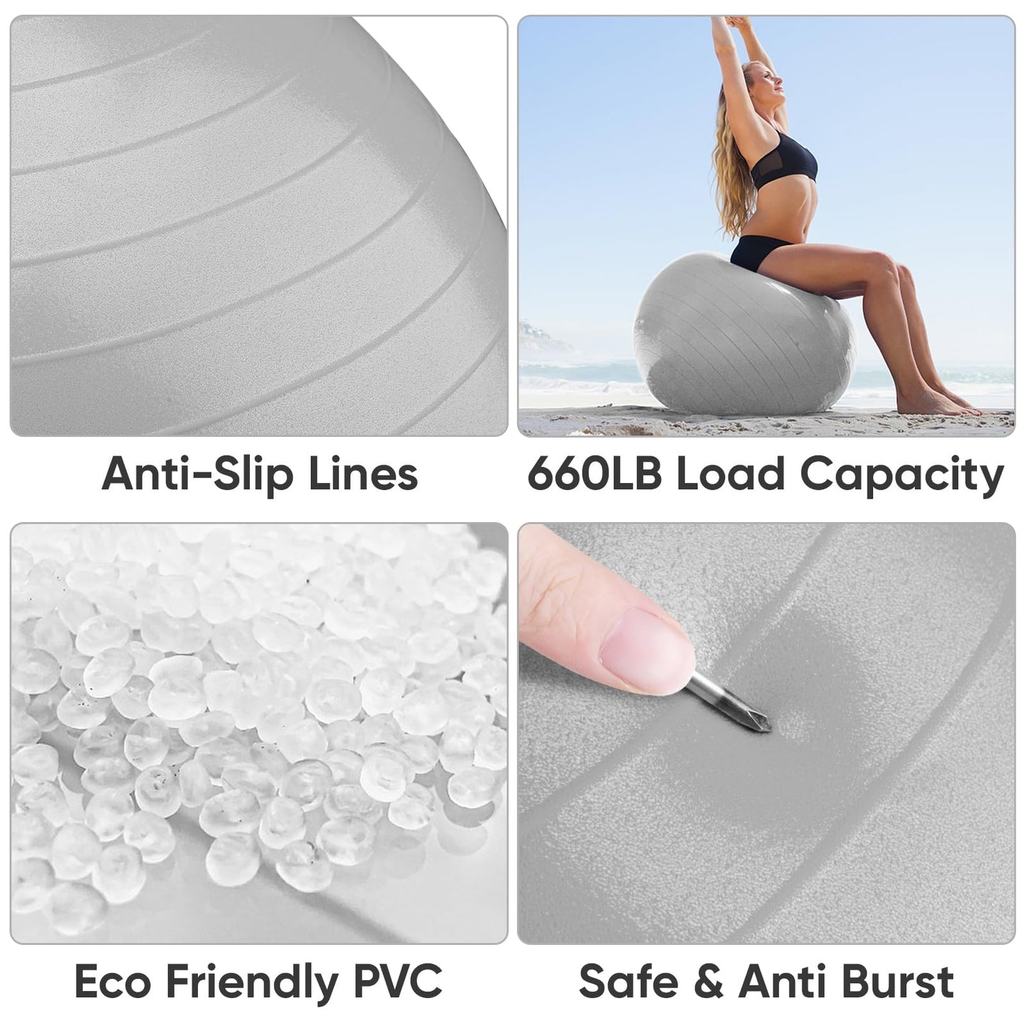 APEXUP Yoga Ball, 660 lbs Anti-Burst Exercise Ball with Pump, 5 Sizes (S (15"~18") 45cm, Silver)