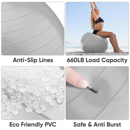 APEXUP Yoga Ball, 660 lbs Anti-Burst Exercise Ball with Pump, 5 Sizes (S (15"~18") 45cm, Silver)