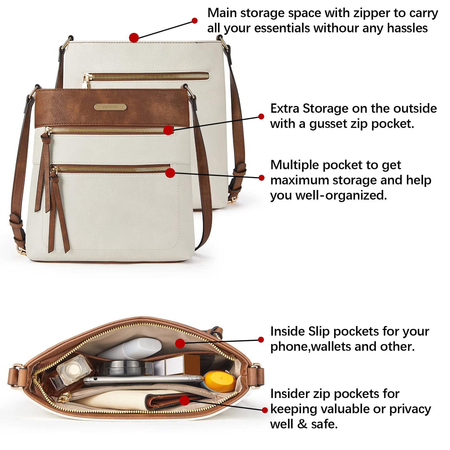 BOSTANTEN Crossbody Bags for Women Trendy Vegan Leather Purse Designer Shoulder Handbags with Adjustable Strap Zipper Pocket Beige with Brown