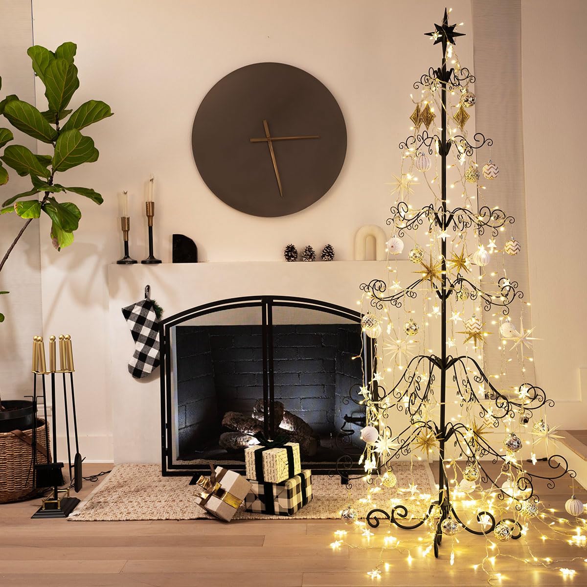 Barton 6.4ft Christmas Metal Ornament Tree Stand - Features Hooks for Ornaments Small Craft Items Wrought Iron Ornament Display Easy Assembly, Black