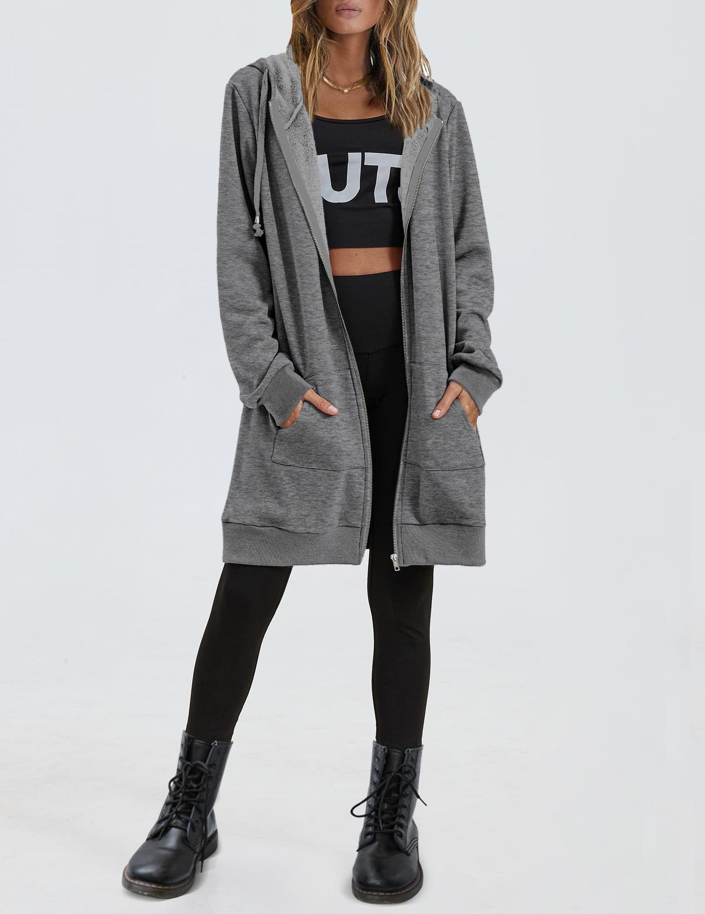 Zeagoo Women Long Zip Up Hoodies Fleece Tunic Sweatshirt Casual Hoodie Jacket with Pockets,dark grey,L