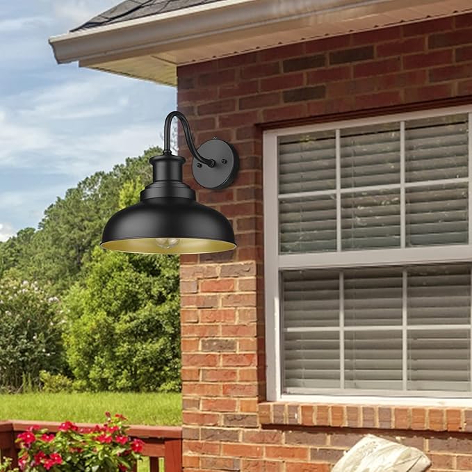 Dusk to Dawn Outdoor Gooseneck Barn Light, Farmhouse Outdoor Wall Sconce, Rustic Exterior Wall Mount Light, Vintage Outside Lighting Fixture Industrial Black Lantern for Porch Garage Shed,1 Pack
