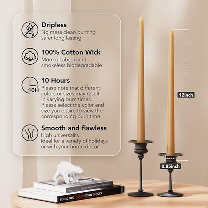 12-Inch Tall Dripless Taper Candles Set of 4 - Beige Tapered Candles, Perfect for Christmas - Smokeless, Unscented, Long Burning - Hand Poured, Colored Tall Candlesticks - Beige