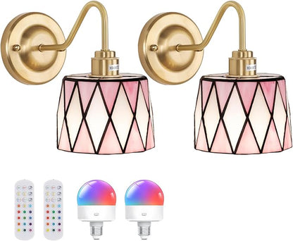 Vintage Battery Operated Wall Sconce Set of 2, 5000mAh Rechargeable Wall Lamp 12 RGB Colors Dimmable, Gold Lights Fixture for Bedroom Bathroom Living Room Hallway Pink Checker