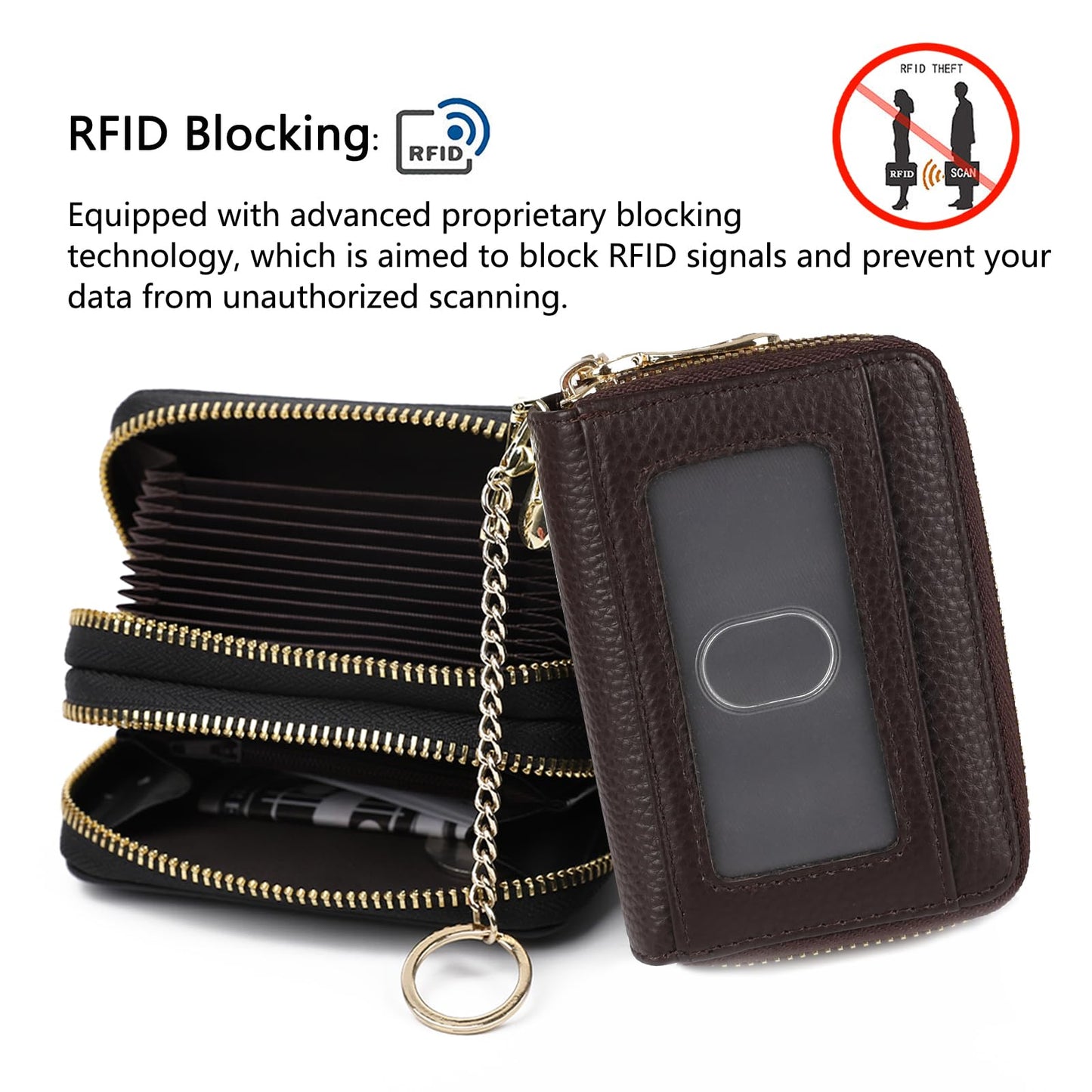imeetu RFID Credit Card Wallet, Genuine Leather Zipper Card Case Holder with Removable Keychain(Max - Coffee)