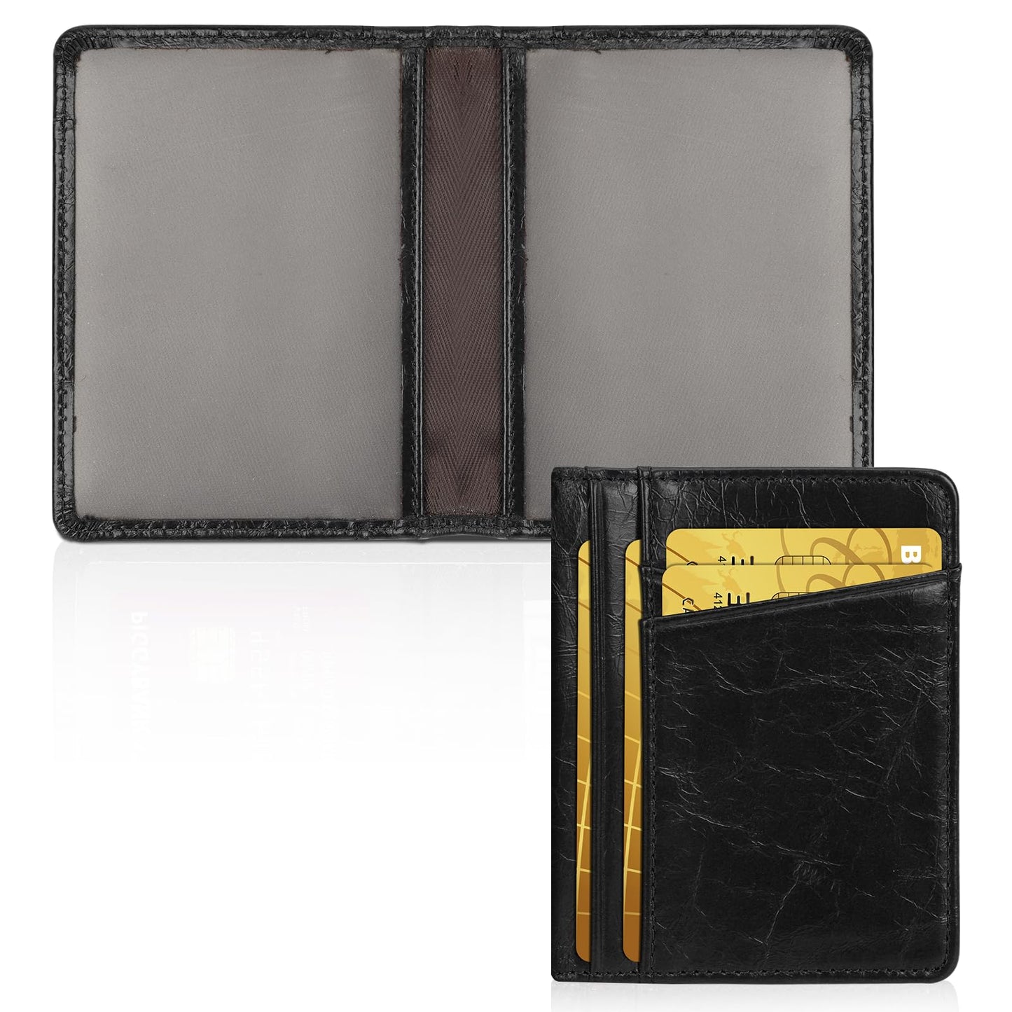 Unaone Slim Minimalist Wallet - Premium Leather Card Holder RFID Blocking Card Case with 8 Card Slots and 2 ID Window, Crackle Black