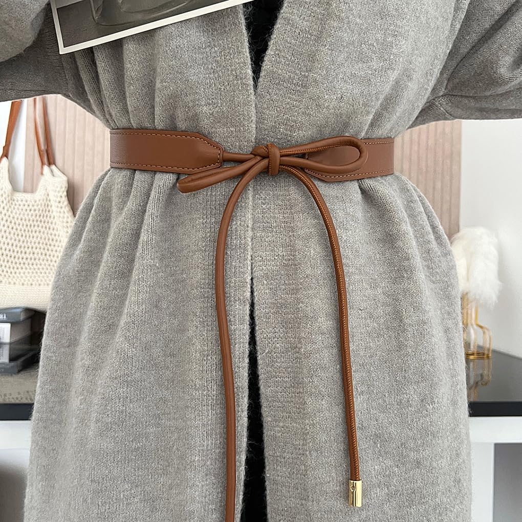 Buywis Women PU Leather Tie Waist Belts Knotted Thin Skinny Rope Waistband Brown Fit Waist 27"-37"