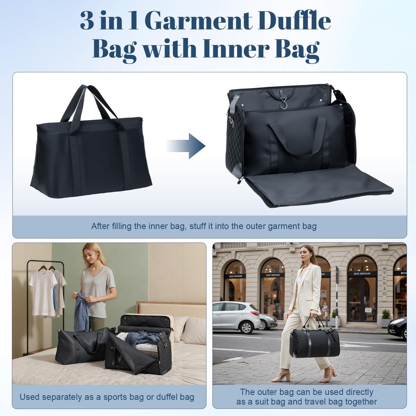 GARPROVM Garment Bags for Travel Women, 3 in 1 Convertible Garment Duffle Bags with Separated Tote Bag, Waterproof Suit Bag Travel Carry On Luggage Weekender Bag for Business Trip, Black