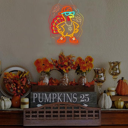 Thanksgiving Turkey Neon Sign Indoor Cool Light Sign Dimmable Turkey LED Light Up Fall Neon Decor for Dining Room Music Classroom Thanksgiving Christmas Party Gift