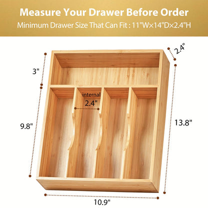 Umilife Bamboo Kitchen Drawer Organizer, 13 Inch Silverware Utensil Tray Holder, Extra Deep Grooved Drawer Divider, 7 Slots Total Bamboo Wood Caddy for Flatware Cutlery Knives, Forks, Spoons