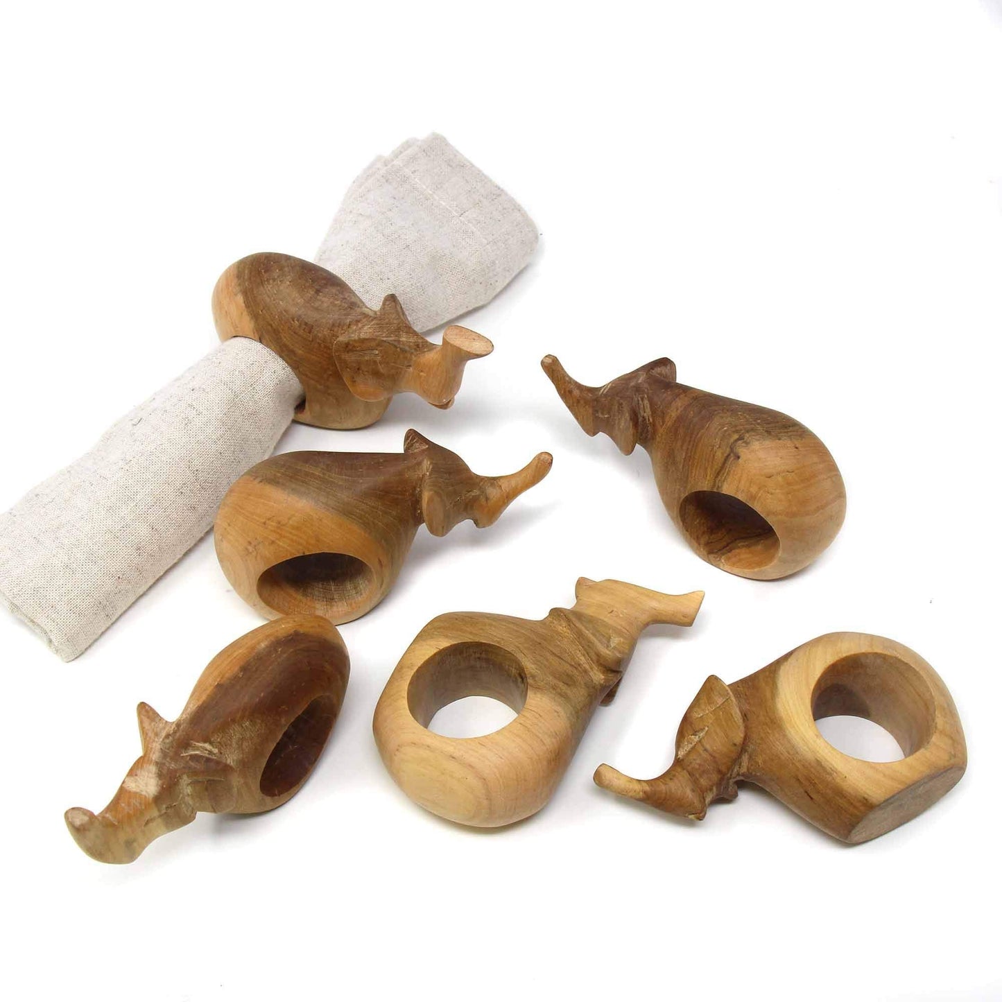 Global Crafts - Handcarved Mahogany Wooden Napkin Ring Holders, Elephant, Set of 6 - Rustic Decor