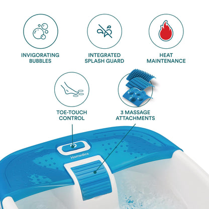 Homedics Bubble Bliss Deluxe Foot Spa with Heat Massaging Arch, 3 Acupressure Attachments, Splash Guard, Raised Nodes Creates Bubbles, Improves Circulation, Soothe Tired Muscles, Built-in Storage