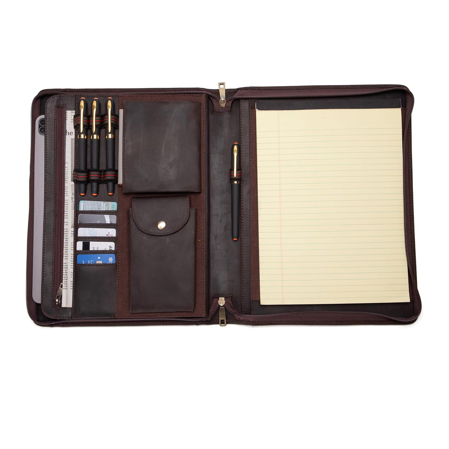 Geslun Genuine Leather Portfolio with Front Pocket for Men and Women, Zippered Padfolio Binder 8.5 x 11 Legal Pad Notebook Holder, Fits 13” Laptop, Professional Work File Case, Dark Brown