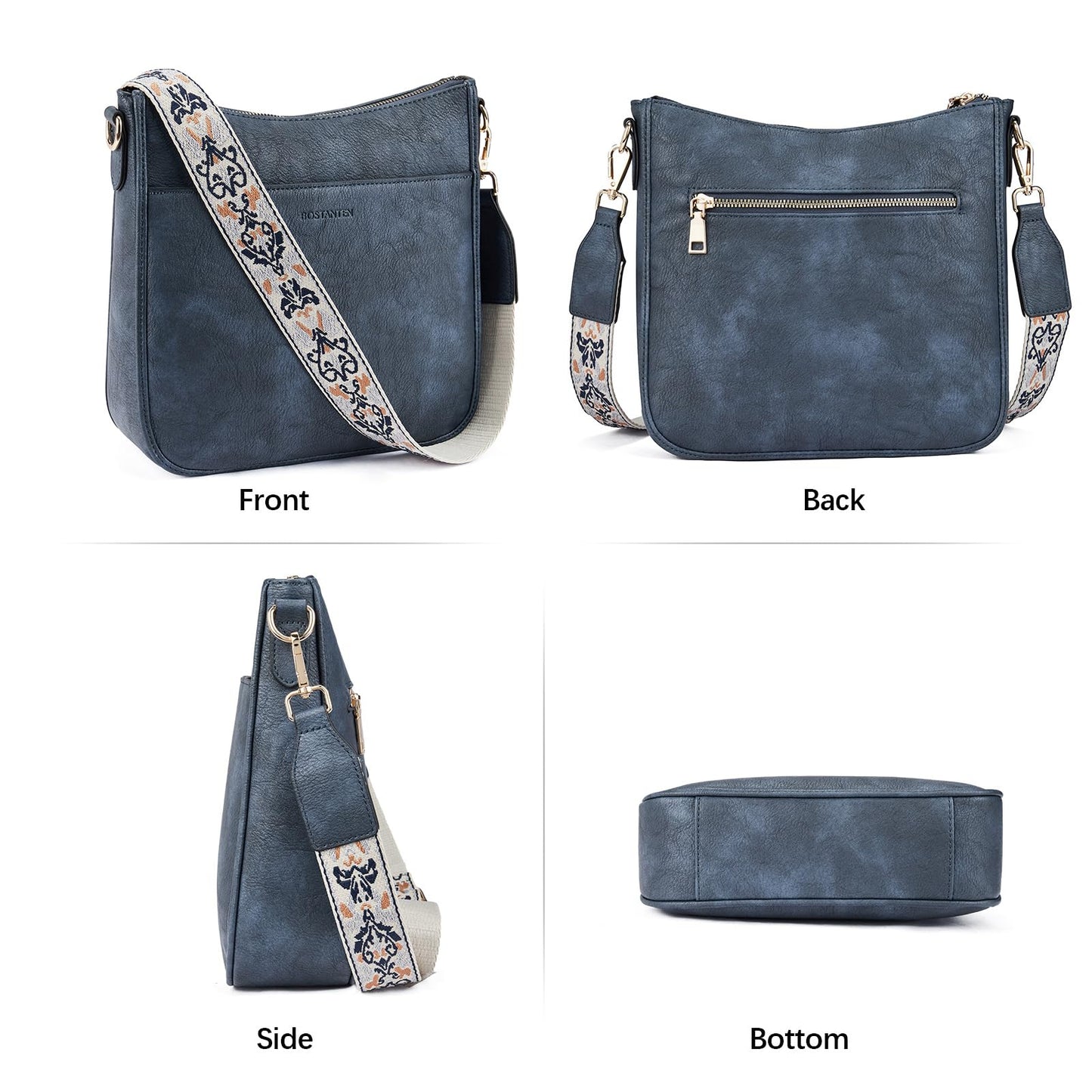 BOSTANTEN Crossbody Bags for Women Trendy Vegan Leather Hobo Purses Shoulder Handbags With Wide Shoulder Strap Navy Blue