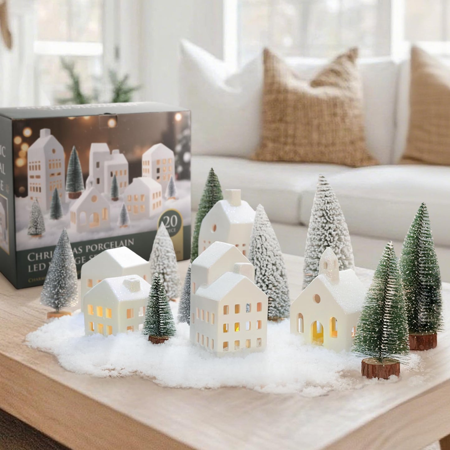Zesua Christmas Decorations Indoor - Christmas Village Sets of 5 Ceramic Houses with LED Lights Remote and 9 Trees - Winter Rustic Farmhouse Home Holiday Xmas Decor for Mantel Tabletop Room