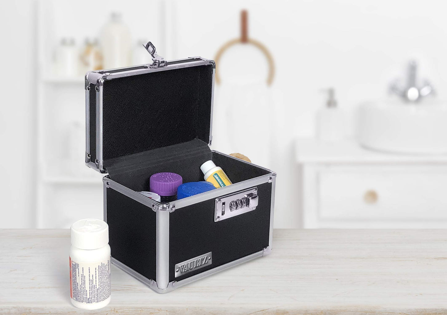 Vaultz Medicine Lock Box - 5 x 7 x 5 Inches - Secure Cabinet Safe with Combination Lock - Ideal for Medications and Small Valuables - Black