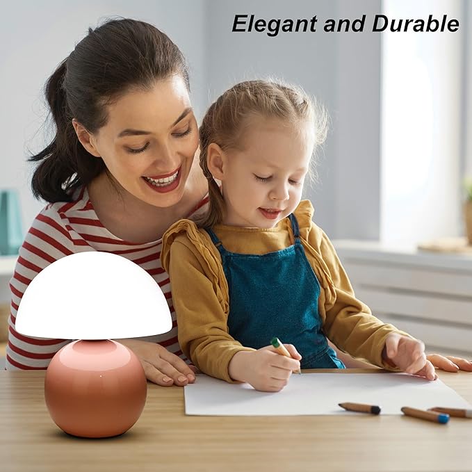 Small Mushroom Lamp,USB-Plug in Bedside Table Lamps with 3-Temperature LED Bulb Dimmable,Unique Cute Aesthetic Home Decor for Living Room,Bedroom, Modern Ceramic Base Glass Lamp(Pink)
