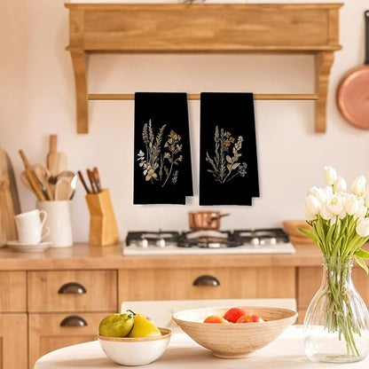 Boho Vintage Botanical Kitchen Towels Set of 2, Rustic Elegant Floral Dish Tea