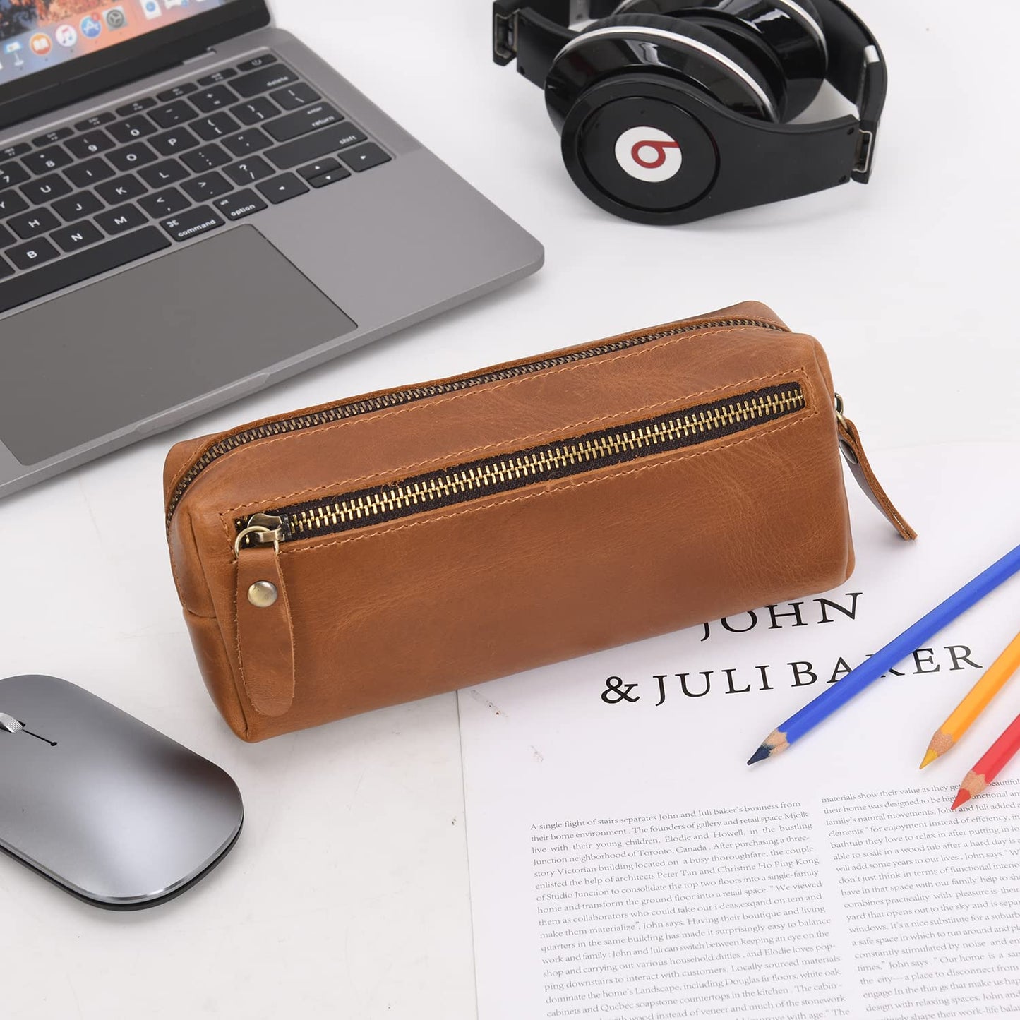 WONDERPOOL Pen Case Real Leather Pencil Pouch Markers Holder Big Capacity Bag with Side Zippered Pocket Sleeve for Stationery Makeup Utensils Organizer (Light brown)