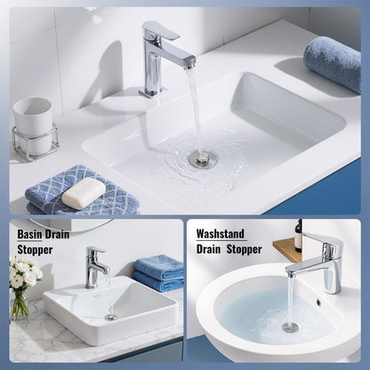 5-in-1 Bathroom Sink Stopper, 2 Pc Pop-Up Drain Stopper with Removable Hair Catcher, Anti-Clog Strainer, Odor Blocking & One-Way Flow Design, Brass & Stainless Steel All Metal Made, Fit 1.1"–2.36"
