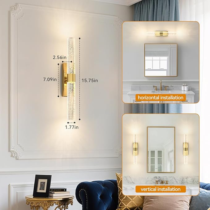 Battery Operated Wall Sconces Set of 2, Dimmable Wireless Wall Lights with Remote, 10000mAh Gold Rechargeable Wall Lamp for Bedroom, Living Room, and Hallway Decor, 15.7- Inch