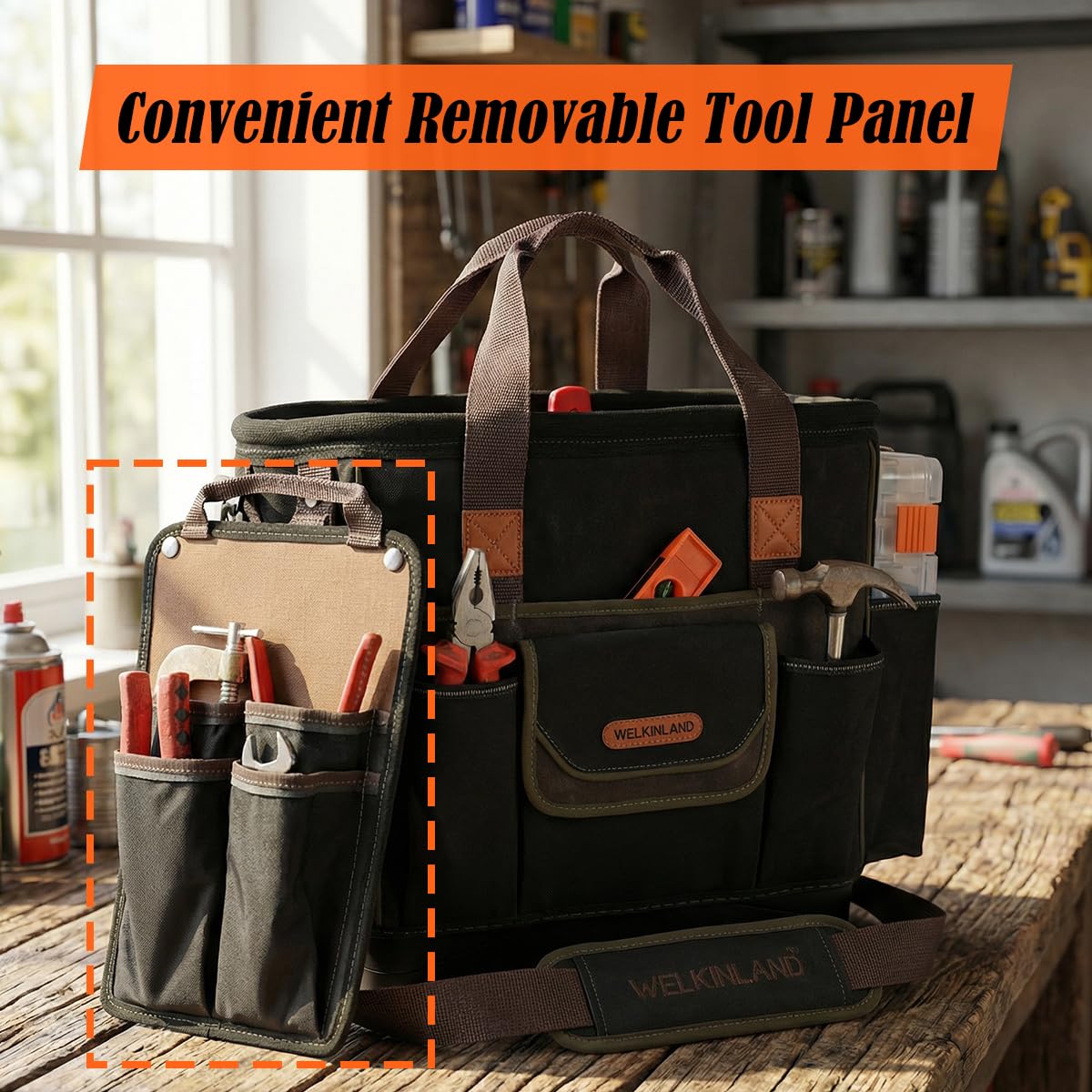 WELKINLAND 50-Pocket Electrician Tool Tote, Large Hard Bottom Tool Bag, Waxed-Canvas Tool Tote For Electrician, Heavy-Duty HVAC Service Bag, Easy-Access Open Top Tool Bag, Stay-Up Technician Tools Bag