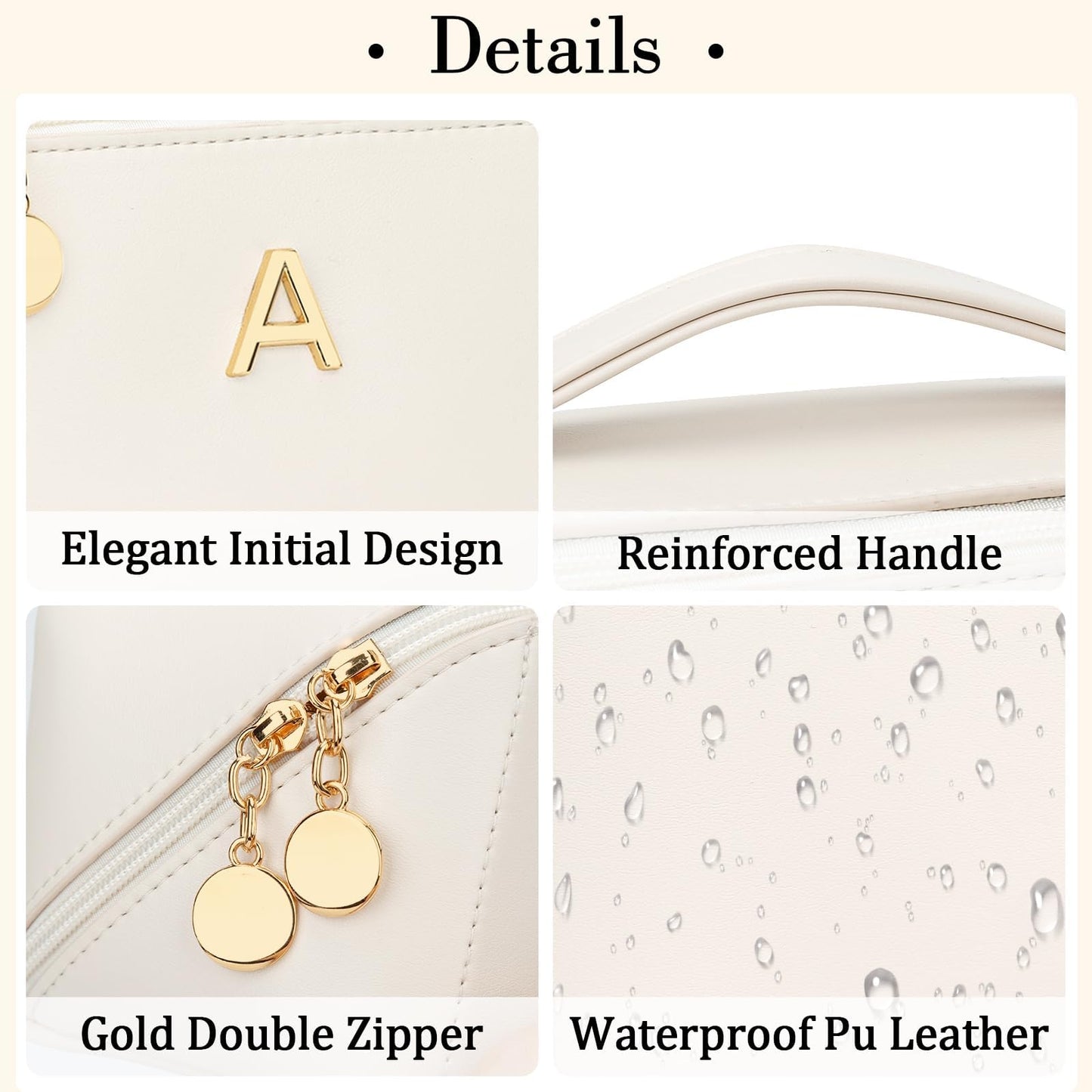 KKXIU Initial Makeup Bag for Women - Personalized Makeup Bag Gifts for Women, Travel Toiletry Bag with PU Leather, Open Flat Design with Top Handle, Cosmetic Bag Set with Multi-Pocket (Beige,A)