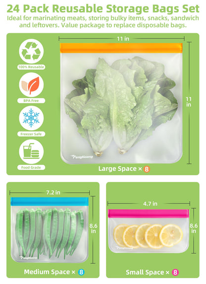 24 Reusable Food Storage Bags, Freezer Bags with Pack BPA FREE (8 Reusable Gallon Bags+8 Leakproof Reusable Sandwich Bags+8 Food Grade Snack Bags) EXTRA THICK Reusbale Lunch Bag for Salad Fruit