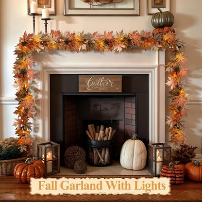 9 FT Fall Garland with Lights Timer Function Autumn Fall Leaves Garland with Berries Pine Cones Realistic Automatic ON/Off Timer Fall Decorations for Home Mantle Fireplace Porch Door Table