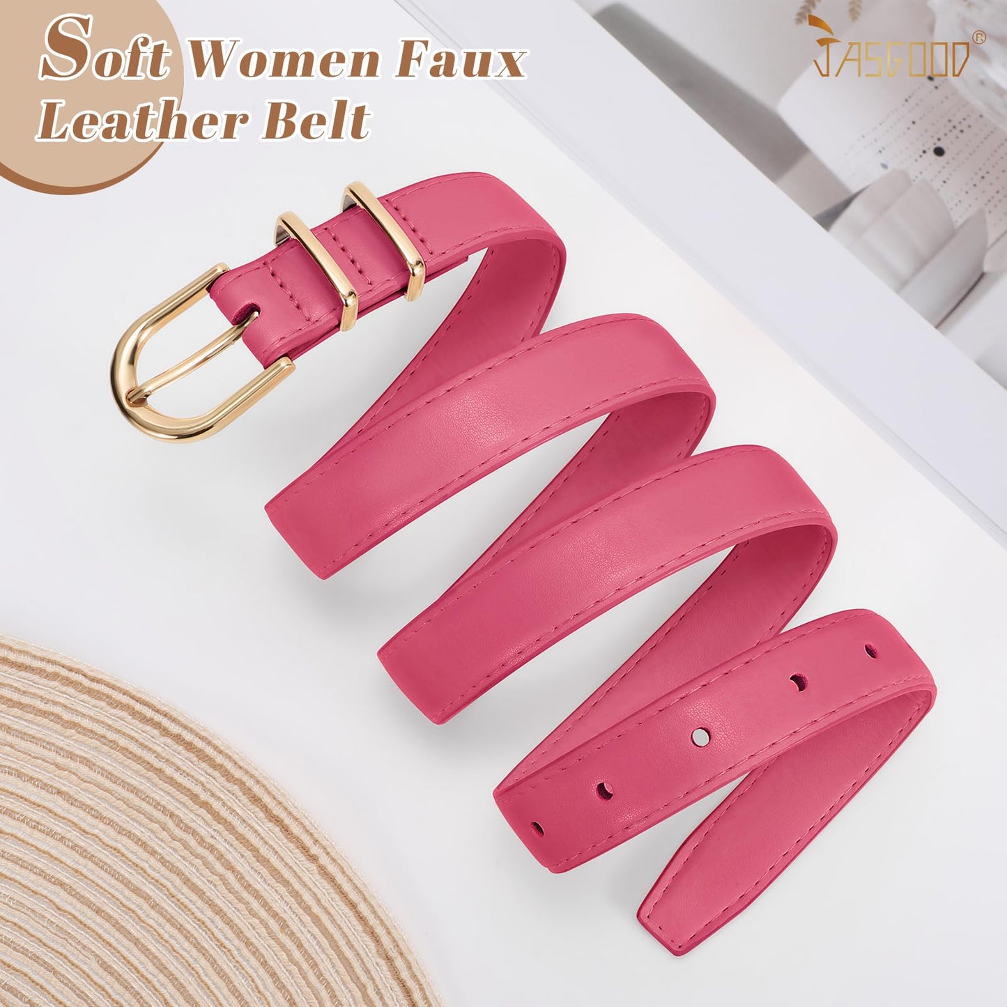 JASGOOD Women Leather Belt for Jeans Pants Fashion Ladies Skinny Dress Belt with Gold Single Prong Buckle,Rose Red