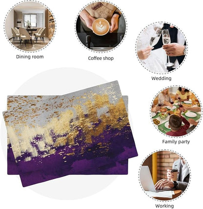 Purple Gold Abstract Linen Placemats Set of 4, Heat Resistant Wipeable Purple Place Mats for Kitchen Dining Table Holiday Wedding Party Outdoor Farmhouse Gardening, Kitchen Home Decor, 12 x 18 Inch