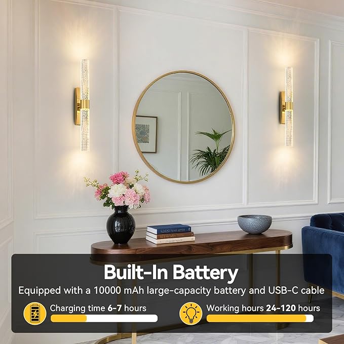 Battery Operated Wall Sconces Set of 2, Dimmable Wireless Wall Lights with Remote, 10000mAh Gold Rechargeable Wall Lamp for Bedroom, Living Room, and Hallway Decor, 15.7- Inch