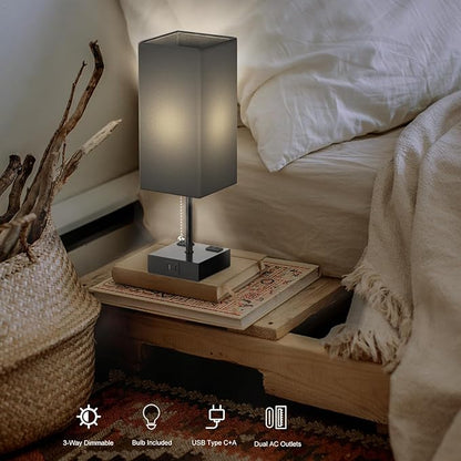 Table Lamp for Bedroom with USB,Bedside Lamp with USB C+A Charging Ports,Adjustable 3color LED Light for Home Decor/Nightstand/Office,Included Bulb and Fabric Lamp Shade (Linen Black, 2PCS)