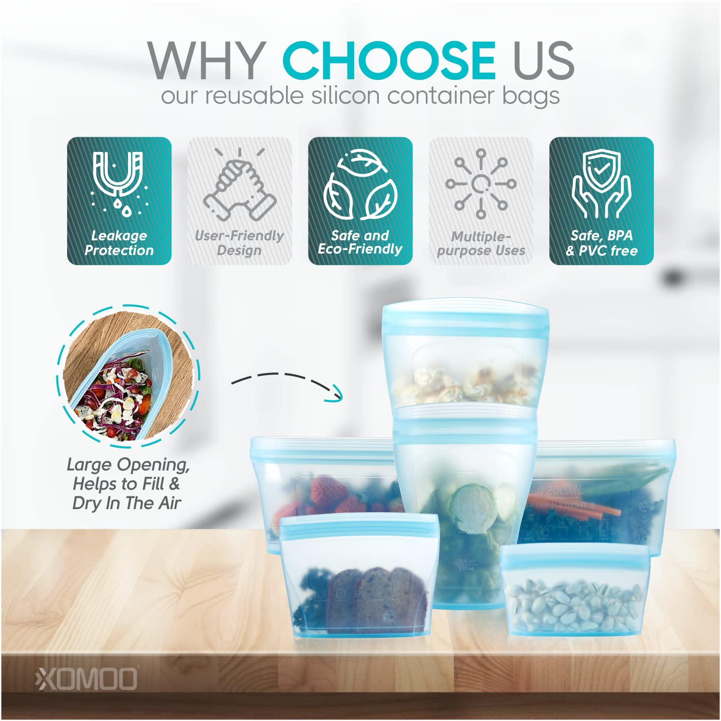 Reusable food container silicone bag, Upgrade second generation 6 Pcs Zip Containers Storage, 100% Silicone Reusable Food Bag, Stand Up Preservation Bag, Rounded interior for easy cleaning.