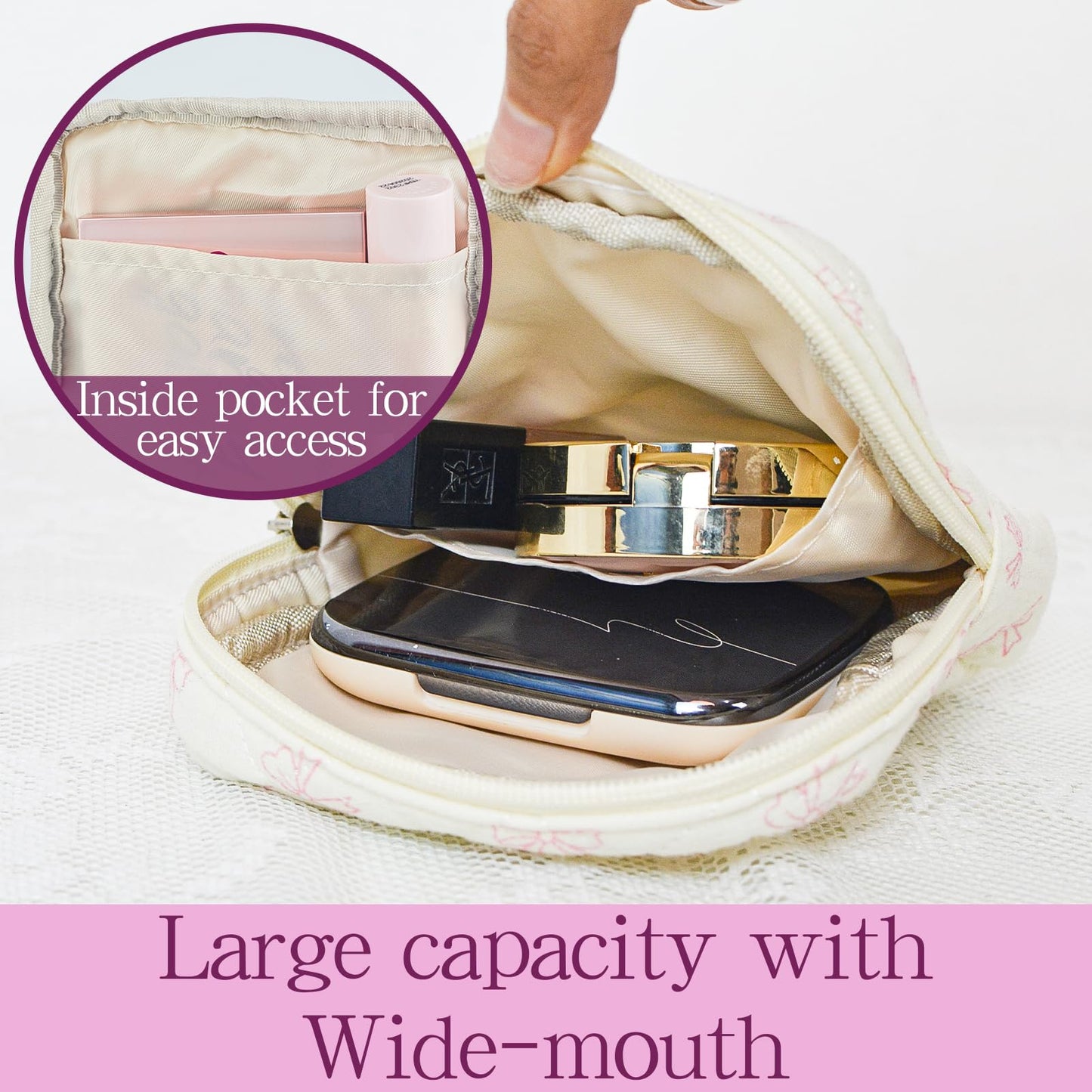 AMZMA Small Quilted Makeup Bag Mini Floral Pouch for Purse Cute Travel Toiletry Organizer Cotton Cosmetic Pouch with Slip-in Pockets